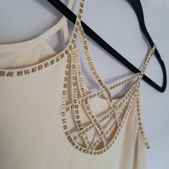 Cream White Small Flowy Short Summer Lined Dress Beaded Gold - Picture 5 of 9